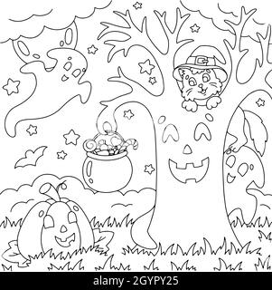 Treffen von Freunden. Katze, Kürbis, Geist, Zauberbaum. Malbuch Seite für Kinder. Halloween-Thema. Magische Kreaturen feiern den Feiertag. Vektor-Abb. Stock Vektor