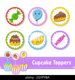 Toppers Für Cupcake. Set aus sechs runden Bildern. Zeichentrickfiguren. Niedliches Bild. Für Geburtstag, Party, Baby-Dusche. Stock Vektor