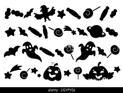 Set aus Kürbiselementen, Geistern, Süßigkeiten, Sternen. Schwarze Silhouette. Designelement. Vektordarstellung auf weißem Hintergrund isoliert. Halloween-Thema. Stock Vektor