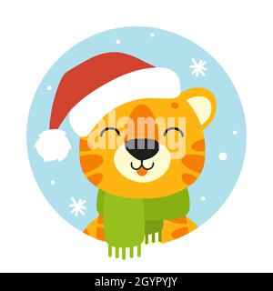 Tiger simbol in einem weihnachtsmütze. Zeichentrickfigur. Farbenfrohe Vektorgrafik. Isoliert auf farbigem Hintergrund. Designelement. Vorlage für Ihr Design, Stock Vektor