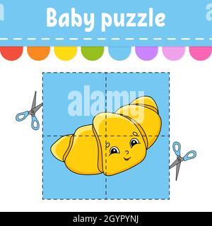 Puzzle für Babys. Einfaches Level. Flash-Karten. Schnitt und Spiel. Arbeitsblatt zur Farbaktivität. Spiel für Kinder. Cartoon-Charakter. Stock Vektor