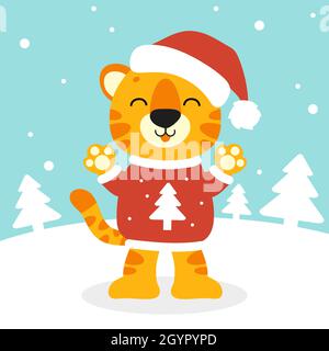 Tiger simbol in einem weihnachtsmütze. Zeichentrickfigur. Farbenfrohe Vektorgrafik. Isoliert auf farbigem Hintergrund. Designelement. Vorlage für Ihr Design, Stock Vektor