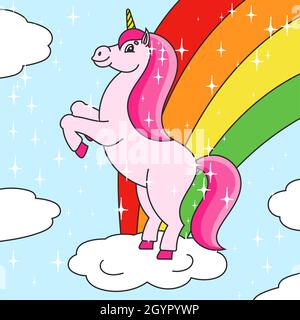 Das magische Einhorn wurde aufgezogen. Das Tierpferd steht auf seinen Hinterbeinen. Cartoon-Stil. Einfache flache Vektordarstellung. Stock Vektor