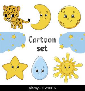 Set von Aufklebern mit niedlichen Comic-Figuren. Von Hand gezeichnet. Bunte Packung. Vektorgrafik. Patch Badges Kollektion für Kinder. Für Tagesplaner, Org Stock Vektor