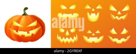 Happy halloween 3D realistische gruselige Jack Laterne verschiedene Gesichter Set Sammlung Stock Vektor