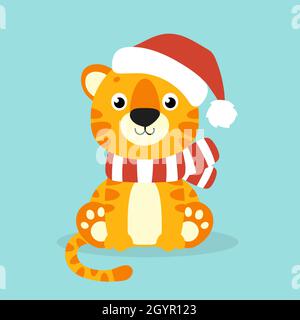 Tiger simbol in einem weihnachtsmütze. Zeichentrickfigur. Farbenfrohe Vektorgrafik. Isoliert auf farbigem Hintergrund. Designelement. Vorlage für Ihr Design, Stock Vektor