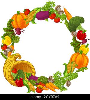 Cornucopia Gold Horn Von Viel Gemüse Rahmen Stock Vektor