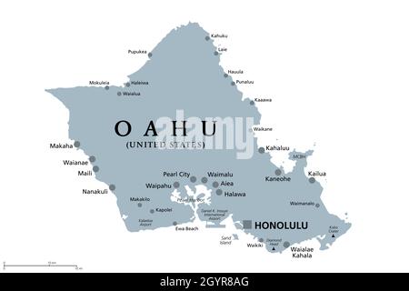 Oahu, Hawaii, graue politische Landkarte mit der Hauptstadt Honolulu. Teil der Hawaiianischen Inseln und Hawaii, einem Staat der Vereinigten Staaten im Pazifischen Ozean. Stockfoto