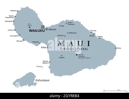 Maui, Hawaii, graue politische Landkarte mit der Hauptstadt Wailuku. Teil der Hawaiianischen Inseln und Hawaii, einem Bundesstaat der Vereinigten Staaten im Nordpazifik. Stockfoto