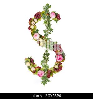 US Dollar Symbol Teil eines Satzes von Buchstaben, Zahlen und Symbolen des Alphabets mit Blumen, Zweigen und Blättern auf weißem Hintergrund Stockfoto