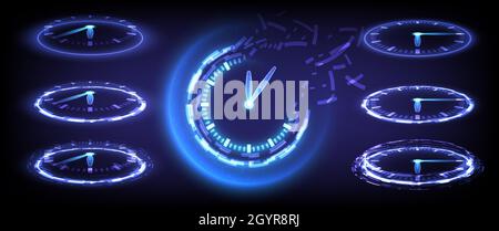 Zeitmaschine, Timer und Termin. Digitale High-Tech-Kollektion Sci-Fi in leuchtenden HUD Elements-Uhren. Hologramm Portal der Wissenschaft futuristische Technologie. Stock Vektor