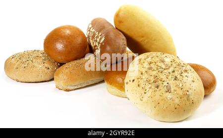 Verschiedene Brötchen für Hamburger und Hot Dogs isoliert auf weißem Hintergrund Stockfoto