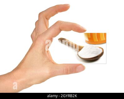 Frauen halten Karte mit Inulin isoliert auf weißem Hintergrund Stockfoto