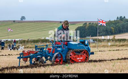 Mindrum Mill, Northumberland, England, Großbritannien. 09. Oktober 2021. Britische Pflügmeisterschaften: Die 70. Meisterschaften, die letztes Jahr wegen Covid-19 abgesagt wurden, finden statt. Eine Vielzahl von Traktorklassen und Pflüge konkurrieren während des zweitägigen Events um Preise. Im Bild: Ein 1954 Ransome M66 Gartenpflug Stockfoto