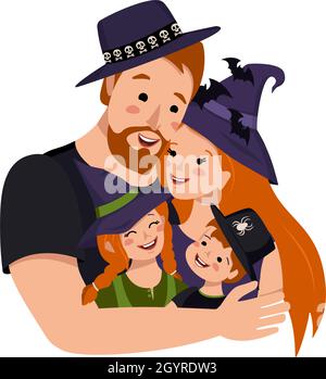 Fröhliche Familie mit roten Haaren in Kostümen für Halloween. Papa, Mama, Tochter und Sohn in Hexenhüten für den Herbstfasching. Stock Vektor