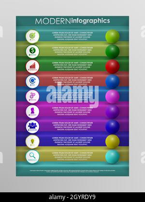 EPS10 Vektorgrafik. Business-Infografik-Prozess mit realistischen Elementen. Design der Impact-Vorlage mit Symbolen und 9 Schritten. Stock Vektor