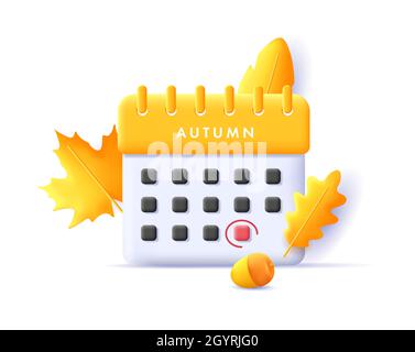 3d-Renderkalender-Symbol mit Herbstblättern und dem letzten Tag des Monats eingekreist, isoliert Stock Vektor