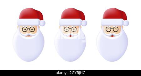 3D realistische Satz von Santa Claus Cartoon Charakter lächelnd mit verschiedenen Gesichtsausdrücke, isolierte Illustration Stock Vektor