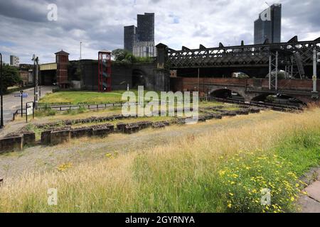 Der Standort der alten Römischen fort von Mancunium, Castlefield, Manchester City, Lancashire, England, Großbritannien Stockfoto