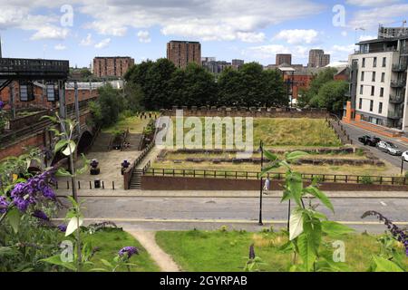 Der Standort der alten Römischen fort von Mancunium, Castlefield, Manchester City, Lancashire, England, Großbritannien Stockfoto