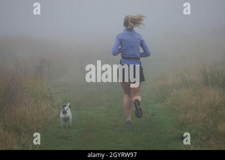 Hundespaziergängern beim Joggen mit ihrem Hund im Richmond Park während des nebligen Morgens, London England Vereinigtes Königreich UKNews Stockfoto