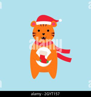 Niedliche Cartoon-Tiger mit einem Weihnachtsstrumpf Kunst Stock Vektor