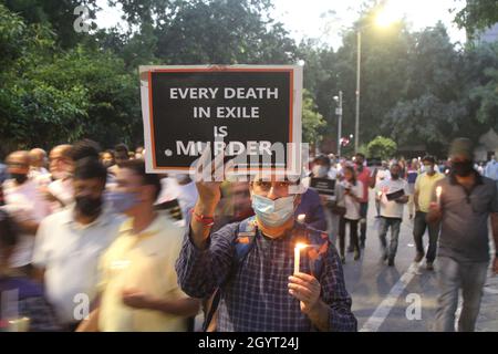 New Dehli, Indien. Oktober 2021. Kaschmiri-Hindus protestieren vor Jantar Mantar gegen die grausame Tötung von Hindus in Kaschmir und fordern am Samstag, den 9. Oktober 2021, die Beendigung des hindu-Genozids in Neu-Delhi, Indien. Foto von Anshuman Akash/ABACAPRES.COM Quelle: Abaca Press/Alamy Live News Stockfoto