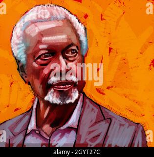 Kunstillustration, Kopf- und Schulterportrait des Autors, Schriftstellers, Akademikers, Abdulrazak Gurnah, Gewinner des Nobelpreises für Literatur 2021. Stockfoto