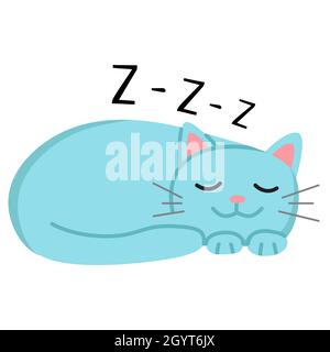 Lustige Cartoon schlafende Katze, niedliche Vektor-Illustration in flachem Stil. Blaue Katze. Lächelndes fette Kätzchen. Positiver Druck für Aufkleber, Karten, Kleidung, Textilien, Stock Vektor