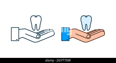 Zahnsymbol Zahnarzt. Gesunde Zähne in den Händen. Menschliche Zähne. Vektorgrafik. Stock Vektor