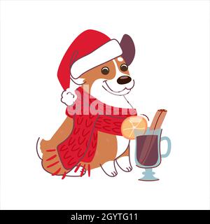 Weihnachtliche Illustration eines Corgis mit einem Glas Glühwein. New Years Hund im Cartoon-Stil auf weißem Hintergrund. Vektor Stock Vektor
