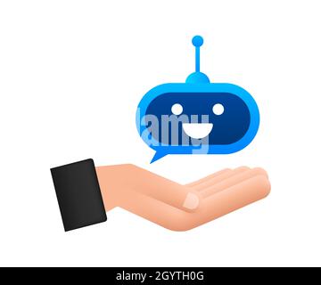 Niedlichen lächelnden Roboter in den Händen.Vektor moderne flache Cartoon-Figur Illustration. Voice Support Service bot. Stock Vektor