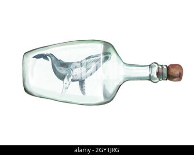 Aquarell-Illustration eines Wals in einer Flasche. Isoliert auf weißem Hintergrund Stockfoto