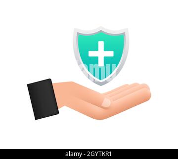 Krankenversicherung. Hände mit Versicherungszeichen. Medizinischer Schutz, medizinische Versicherungskonzepte. Flaches Design. Vektorgrafik. Stock Vektor