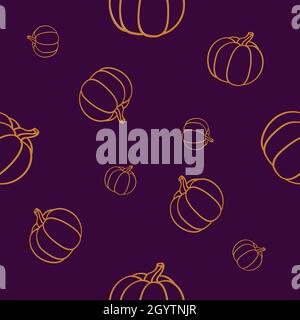 Nahtloses Muster für orange halloween Kürbisse auf dunkelviolettem Hintergrund Stock Vektor