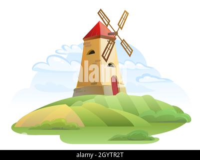 Windmühle. Garten und sanfte Hügel. Ländliche Farmlandschaft mit Sommerwolken. Niedliche lustige Cartoon-Design Illustration. Isoliert auf weißem Hintergrund Stock Vektor