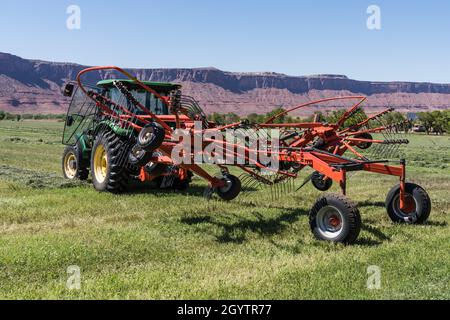 Ein Drehrechen kombiniert kleinere Heureihen zu einer größeren Reihe, um die Anzahl der für die Ballenpresse erforderlichen Durchgänge zu reduzieren. Stockfoto