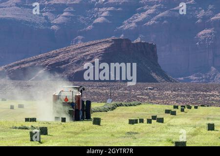 Heuballenpressen mit einem John Deere Traktor 7930 und einer GPT Twin Pak Ballenpresse auf einer Ranch im Süden von Utah. Stockfoto