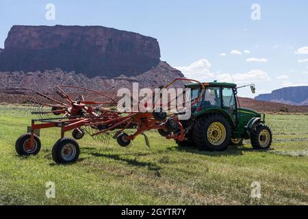 Ein Drehrechen kombiniert kleinere Heureihen zu einer größeren Reihe, um die Anzahl der für die Ballenpresse erforderlichen Durchgänge zu reduzieren. Stockfoto