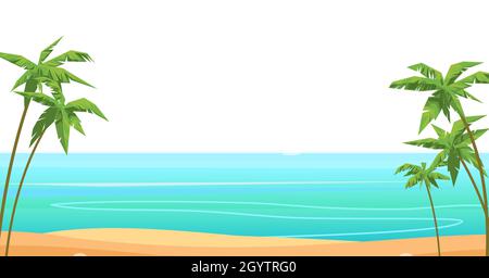 Strand am Meer. Sommerlandschaft. Weit weg ist der Ozeanhorizont. Ruhiges Wetter. Einfaches Design. Flache Illustration. Vektor. Stock Vektor