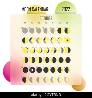 Oktober 2022 Mondkalender. Astrologisches Kalenderdesign. planer. Platz für Aufkleber. Modell des Monatszyklus-Planers. Isolierte bunte Glasmorphismus Stock Vektor