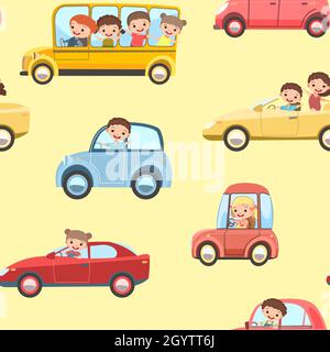 Kinder fahren Autos. Nahtloses Cartoon-Muster. Kinderfahrer. Hintergrunddarstellung für Kinder. Verschiedene Automobile. Spielzeugfahrzeug, Motor. Auto und Stock Vektor