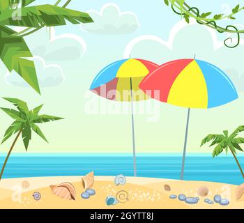 Strand am Meer. Sommerlandschaft. Weit weg ist der Ozeanhorizont. Muscheln und Sand. Sonnenschirme. Ruhiges Wetter. Flache Illustration. Vektor. Stock Vektor