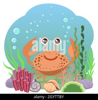 Kleine Landschaft. Krabbe. Unterwasserwelt. Wilde Tiere. Meer, Meer. Sommerwasser. Isoliert auf weißem Hintergrund. Illustration im Cartoon-Stil. Flach Stock Vektor