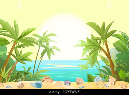 Strand am Meer. Sommerlandschaft. Weit weg ist der Ozeanhorizont. Ruhiges Wetter. Dschungelpalmen. Muscheln und Muscheln aus nächster Nähe. Flache Illustration Stock Vektor