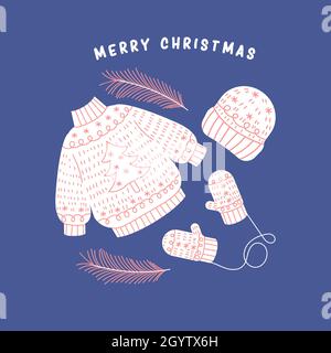 Kuschelige, weihnachtlich warme Kleidung. Strickpullover, Gat und Fäustlinge zur festlichen Illustration. Neujahr niedliche handgemachte Kleidung Stock Vektor