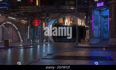 Cyberpunk Concept 3D-Illustration einer dunklen, zwielichtigen, futuristischen Stadtstraße bei Nacht. Stockfoto