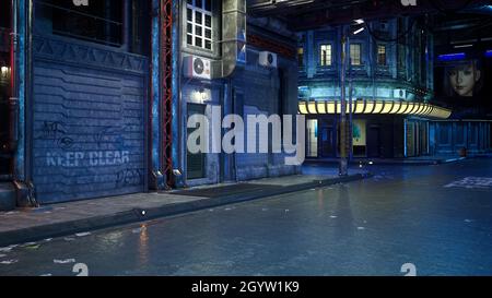 3D-Illustration einer düsteren Cyberpunk-Stadtstraße in einer dystopischen Zukunft bei Nacht. Stockfoto