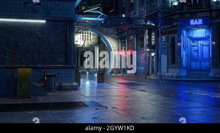 3D-Illustration einer dunklen futuristischen urbanen Straßenszene bei Nacht in einer zwielichtigen Cyberpunk-Stadt. Stockfoto