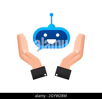 Niedlichen lächelnden Roboter in den Händen.Vektor moderne flache Cartoon-Figur Illustration. Voice Support Service bot. Stock Vektor